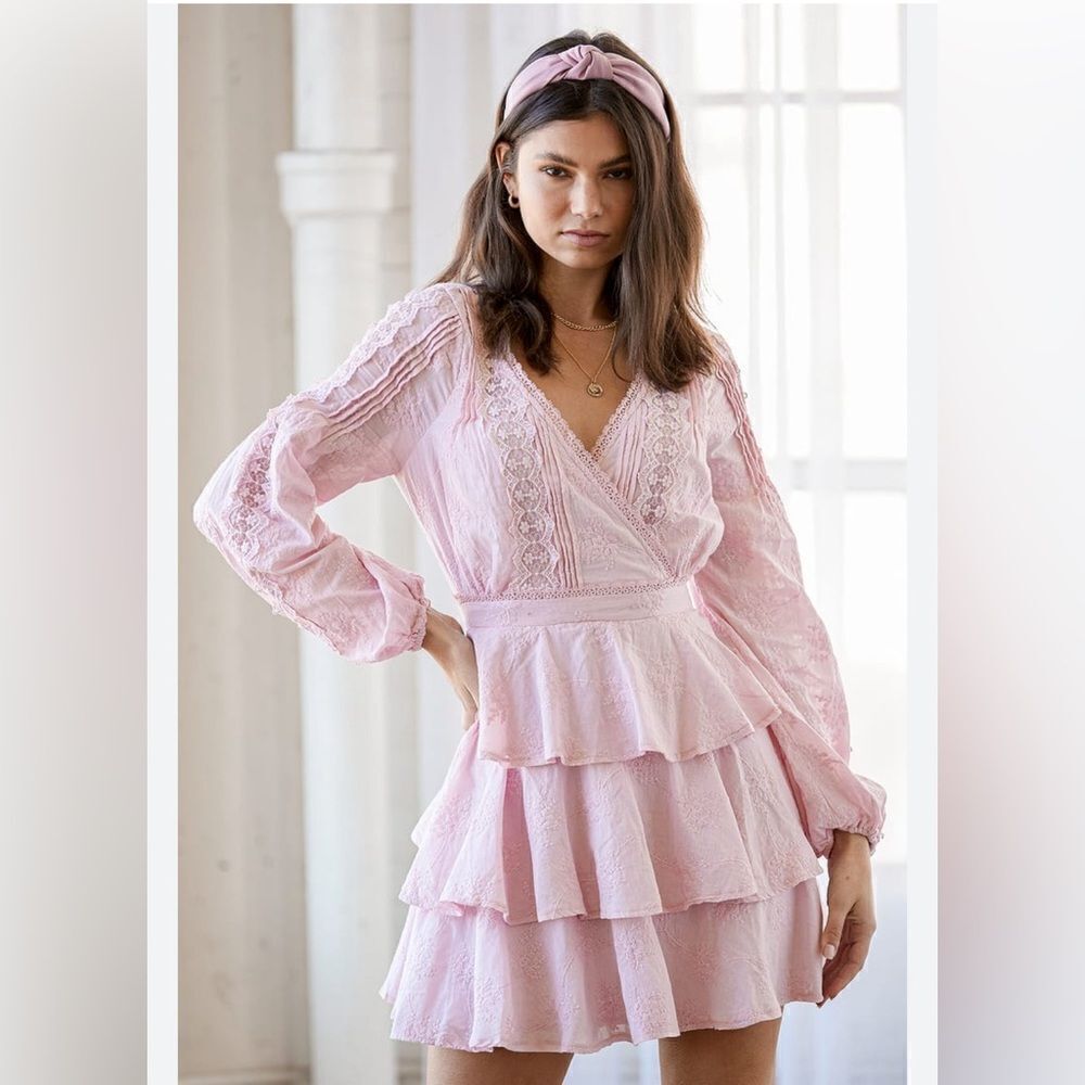 Lulus Be My Forever Love Light Pink Lace Tiered Mini Dress small defect